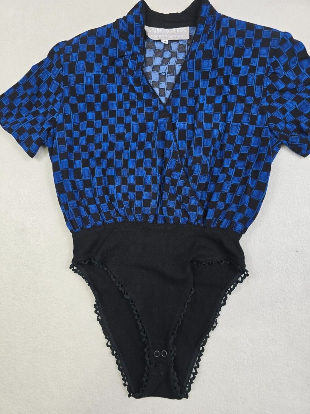 Vintage Dorothy Schoelen Platinum Petites Small Bodysuit Black & Blue Checkered